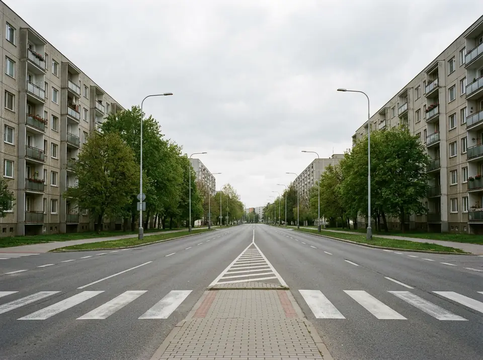 Panelházak egy széles városi utca mentén, gyalogátkelővel